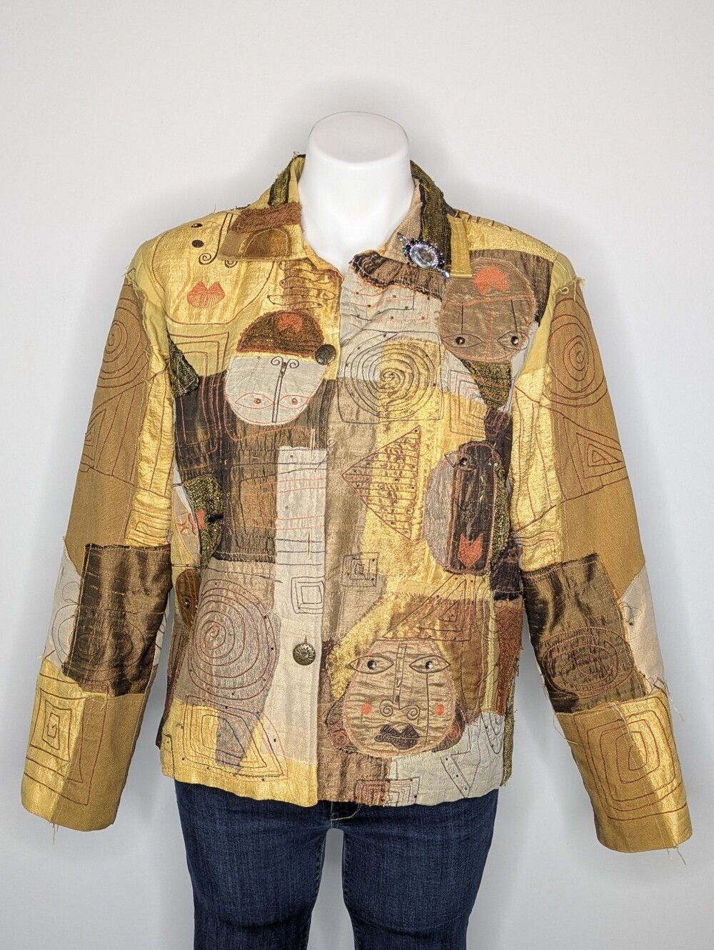 Sandy Starkman Gold Brown Mixed Media Abstract Face Silk Blend Jacket M